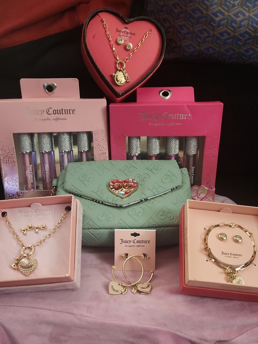 7 Piece Juicy Couture Mint Quilted Wristlet 2 Sets Of Lip Gloss 4 Jewelry Set.